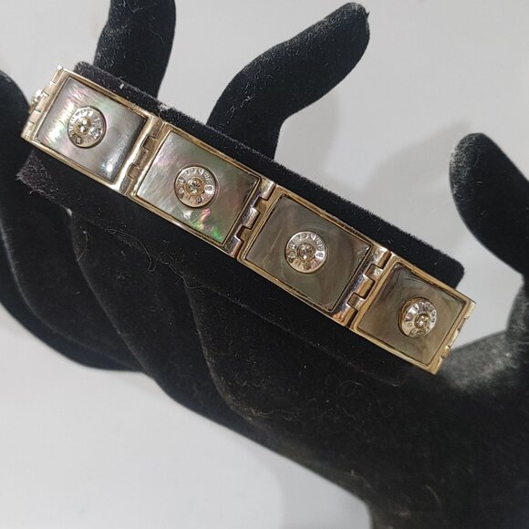 Hendi Bendal Hinge Belt Buckle Bracelet MOP Signature Logo Gold Tone Rhinestone - Picture 12 of 16